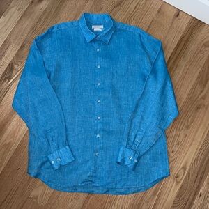 100% Linen Italian Button Down Collared Shirt Blouse Ocean Blue Lagenlook XL